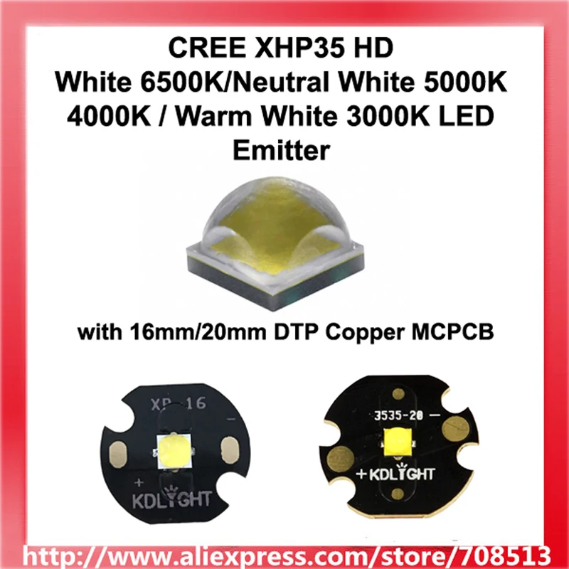 Светодиодный излучатель CREE XHP35 HD белый 6500K/нейтральный 5000K 4000K/теплый 3000K с медью DTP