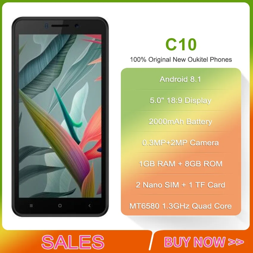 Oukitel C10 5 0 дюйма 18:9 Дисплей 3g смартфон 1 GB + 8 MTK6580 4 ядра 1. Гц Dual SIM 2000 mAh Android мобильный