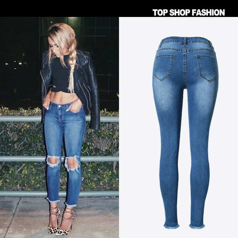 Высокая Талия Для женщин Джинсы для рваные Distressed Denim стрейч карандаш Брюки
