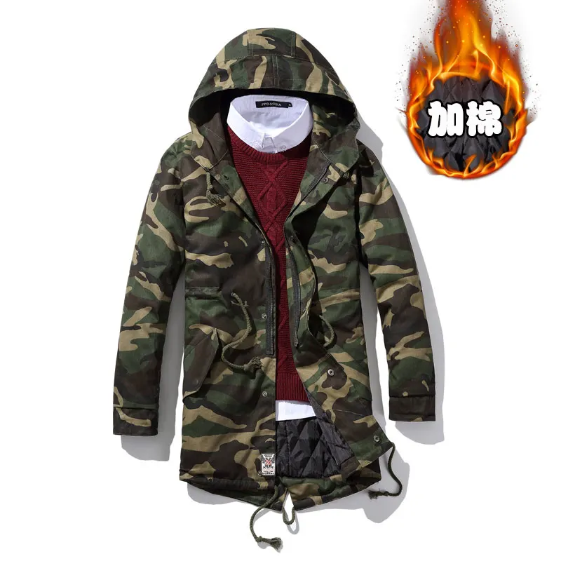 2016 Для мужчин зимние толстые теплые Армейский зеленый камуфляж с капюшоном