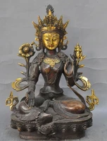 28 cm elaborate tibet buddhism copper gilt green tara goddess kwan yin buddha statue