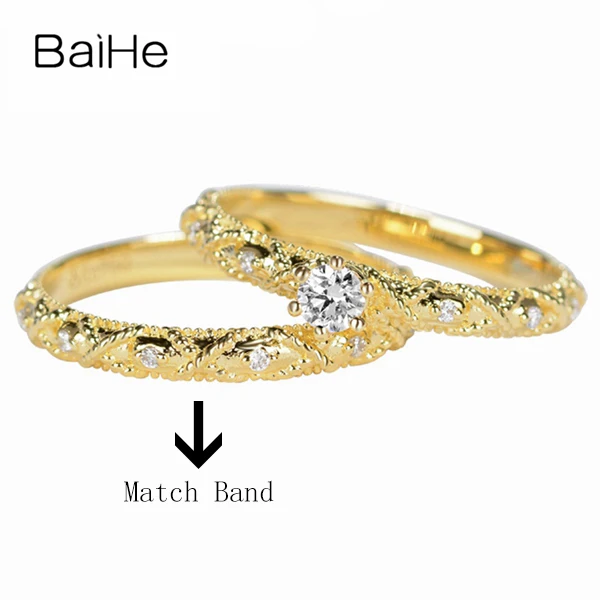 BAIHE Твердые 18 К желтого золота 0.10ct сертифицированные H/SI круглые огранки натуральные Алмазы обручальные женские модные ювелирные изделия кольцо - Цвет камня: Match Band