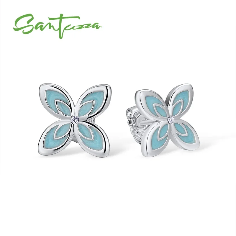 White Rhodium(Blue) Женские серьги в виде цветка SANTUZZA, элегантные Разноцветные серьги в виде цветка, сверкающие кристаллы, Модные Винтажные Ювелирные изделия ручной работы, эмаль - Окраска металла: White Rhodium(Blue)