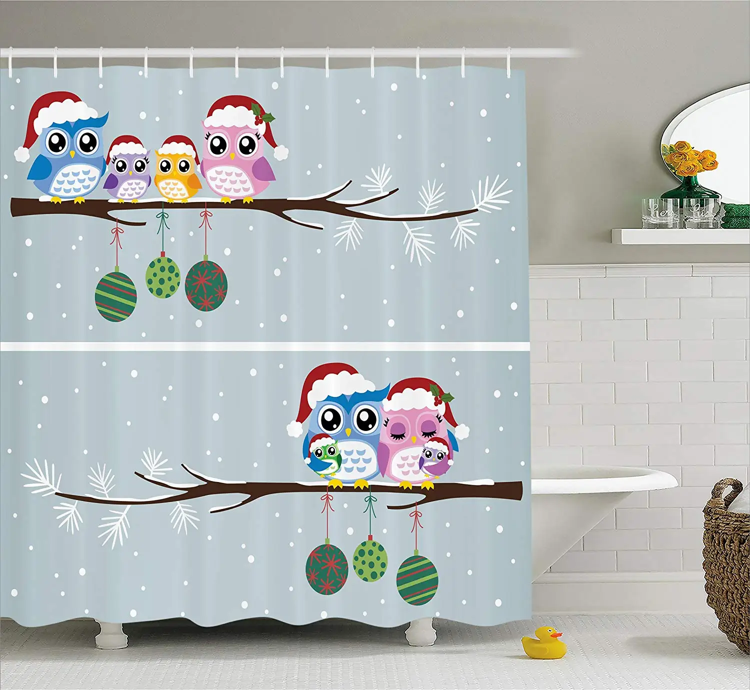 Рождественская занавеска для душа сова на ветке дерева праздник Холли Веселый