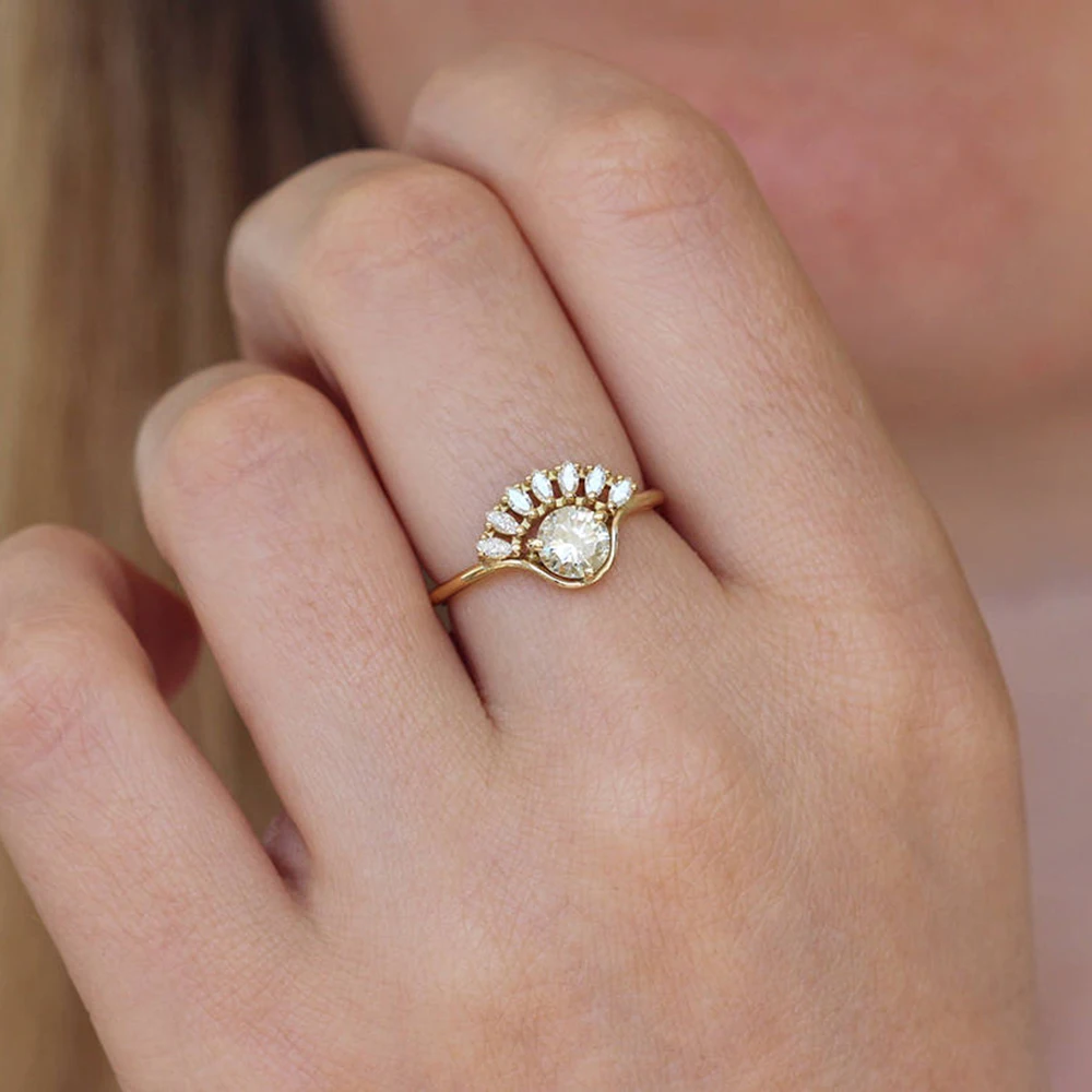 Marquise and Round Moissanite 1ctw lab Diamond Solitaire Обручальное кольцо для свадьбы Твердое 14K желтое
