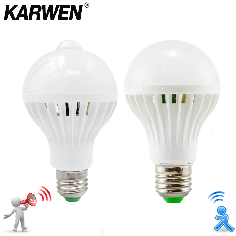 Смарт лампа KARWEN AC 85 265 в со звуком/пассивным ИК датчиком движения Светодиодная E27 3