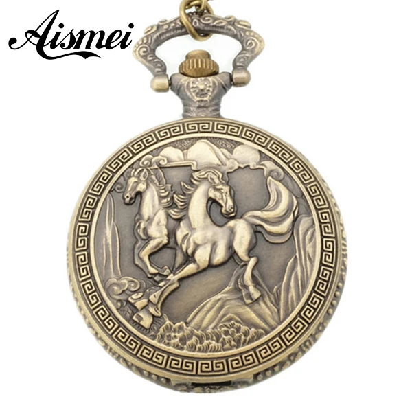 25pcs/lot Bronze horse running Quartz Pocket Watch Necklace Pendant Womens Men GIfts wholesale send by EMS or DHL