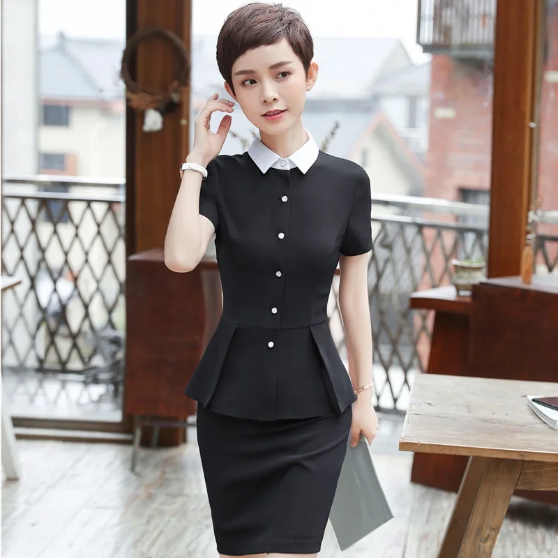 Темно-синий приталенный строгий комплект из 2 предметов: топ и юбка для женщин