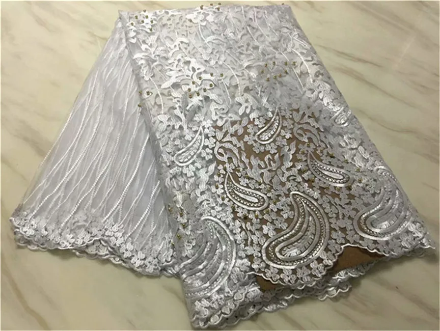 

Latest Gold Lace Fabric High Quality Guipure Cord Lace Fabric Beaded Tulle African Lace Fabrics for Party Dress black white