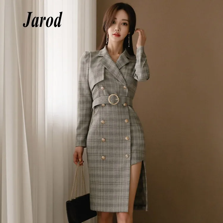 2018 осеннее корейское Деловое платье футляр для работы женское клетчатое