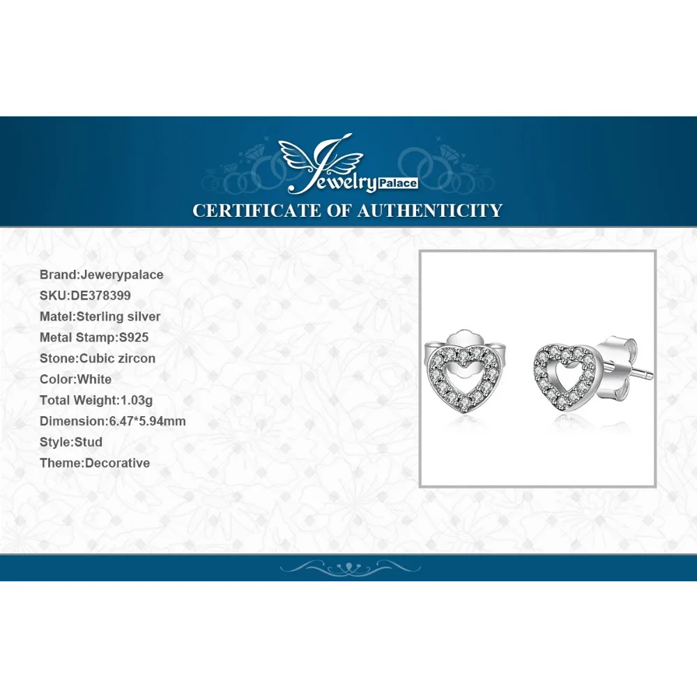 Jewelrypalace 925 стерлингов Серебряные серьги Стад кубического циркония Forever Love Сердце