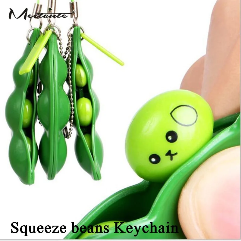 Meetcute Funny Cute Squeeze the beans Key Chain Green Soybeans Plastic Anti Stress Toys Keychain For Phone Gift Anime Trinkets | Украшения