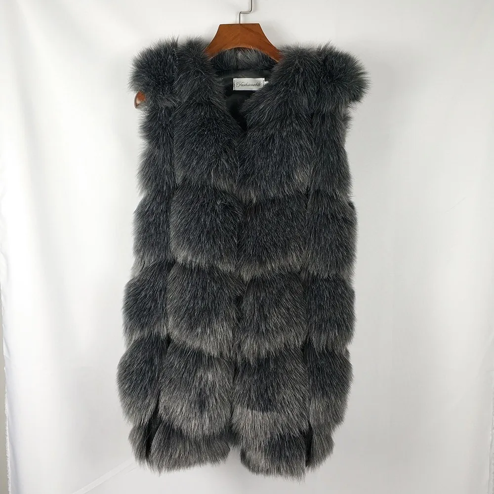 Dark Grey Пальто из искусственного меха женская меховая жилетка Роскошная Серебряная лисица Высококачественная теплая зимняя женская куртка жилет 4XL Верхняя одежда Пальто - Цвет: Dark Grey