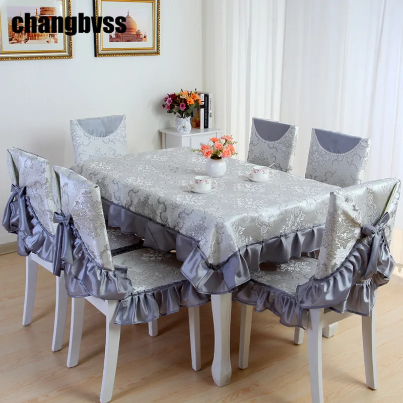 

9pcs /set Rectangular Table Cloth Jacquard Flower Edge Wedding Tablecloth with Chair Covers & Mats Home Decoration Table Cover