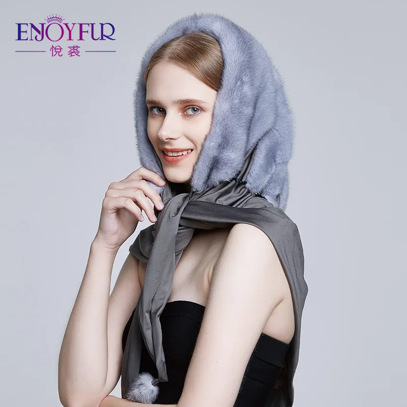ENJOYFUR Real Mink Fur Hats For Winter Women's Fur Scarf And Caps Thick Warm Elegant Mink Beanies Russia Style - Цвет: 06