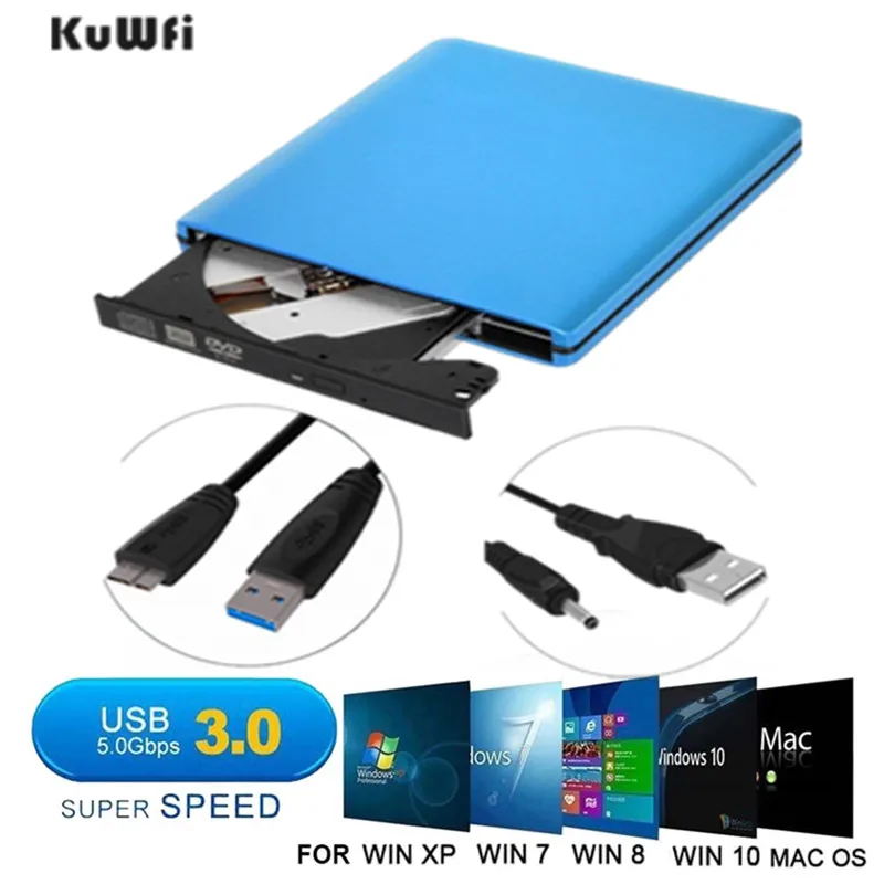KuWFi Внешний DVD привод Оптический USB 3.0 CD Burner RW Писатель Reader Рекордер для ноутбука с