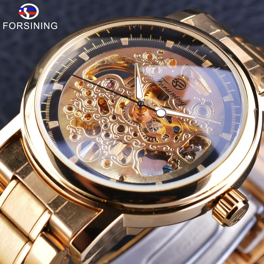 Мужские люминесцентные часы Forsining прозрачные в стиле стимпанк с дисплеем руки