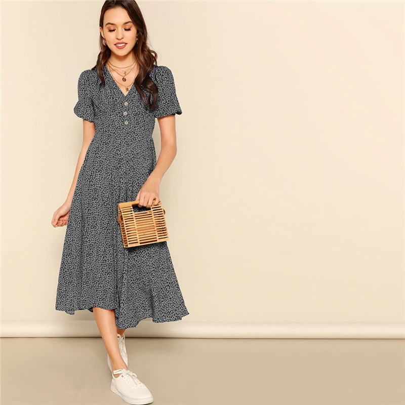 SHEIN модное женское платье с v-образным вырезом и пуговицами спереди,, шикарное летнее бордовое ТРАПЕЦИЕВИДНОЕ ПЛАТЬЕ С Коротким Рукавом и расклешенными рукавами