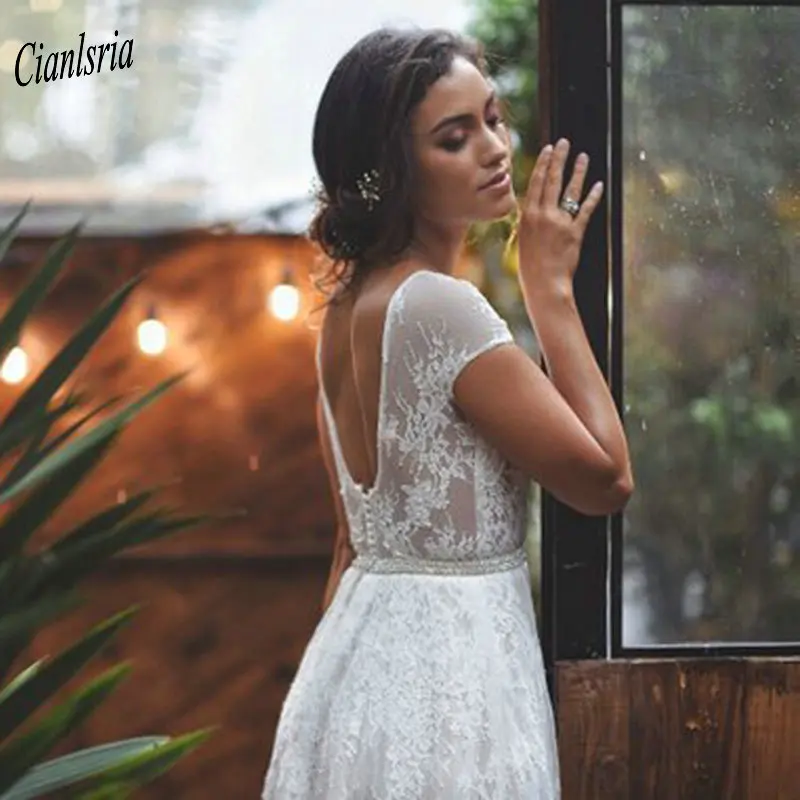 Великолепное Кружевное Свадебное платье в стиле бохо 2020 с хрустальным поясом