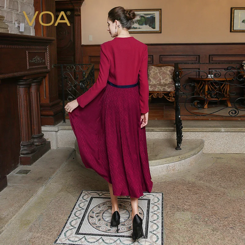 Женское платье макси VOA темно красное шелковое жаккардовое в китайском стиле с