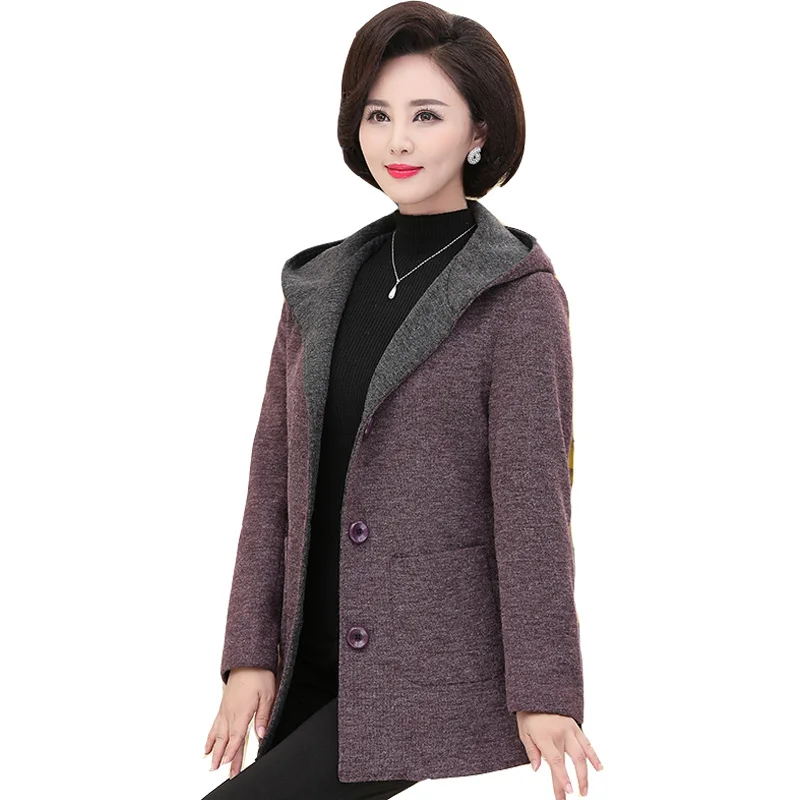 

Autumn Winter Women Woolen Jacket Fashion Single-breasted Hooded Long-Sleeve Middle-aged Female Windbreaker Woolen Cardigan
