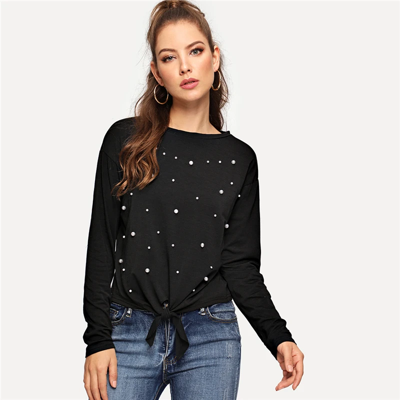 SHEIN Милая футболка с жемчугом и бантом спереди, черная Повседневная футболка для женщин, женские футболки с длинным рукавом и круглым вырезом
