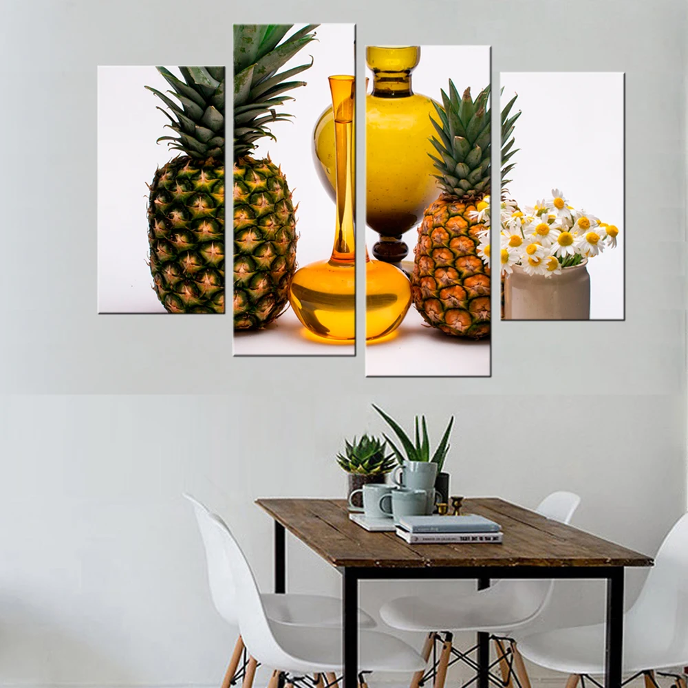 

4 Pieces Pineapple and Wine Modern wall art canvas print painting Wall Pictures For living room Kitchen Dinning Room