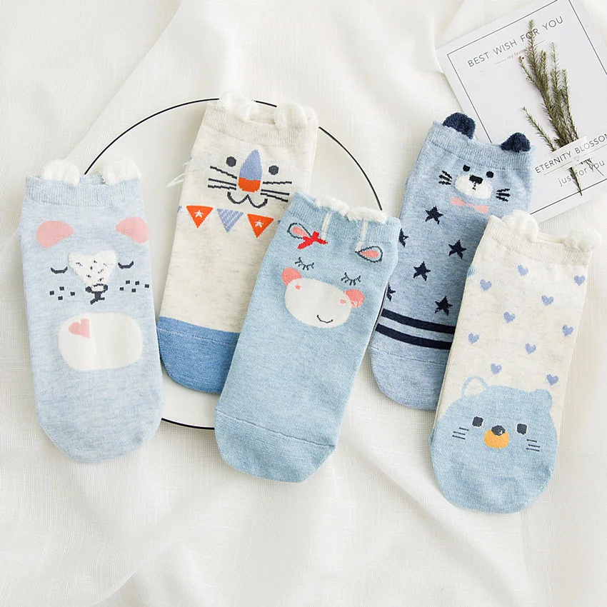 5 пар, хлопковые женские носки с милыми животными, котом, собакой, летние короткие носки Kawaii, забавные низкие носки-башмачки с ушками, красные носки с сердечками для девочек