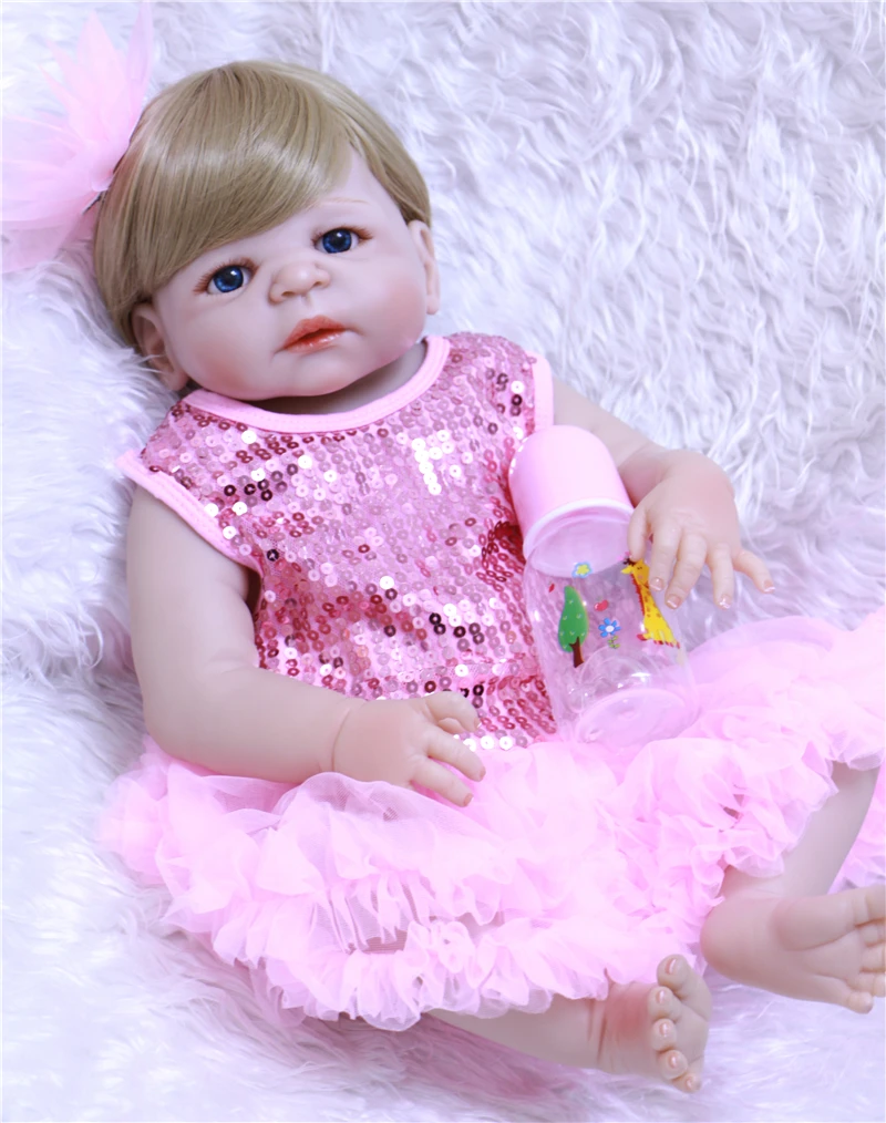 55 см реалистичные Bebe кукла полный силиконовые Reborn ручной работы розовое платье