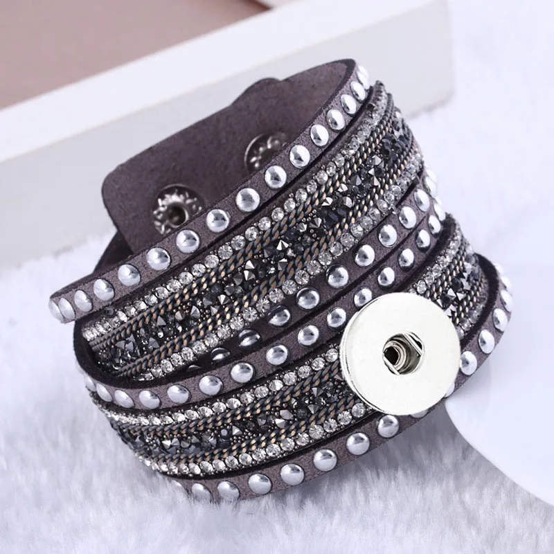 

Hot Interchangeable Crystal 083 Rhinestones Velvet Leather Bracelet 18mm Snap Button Jewelry Charm Bangle For Women Gift 39cm