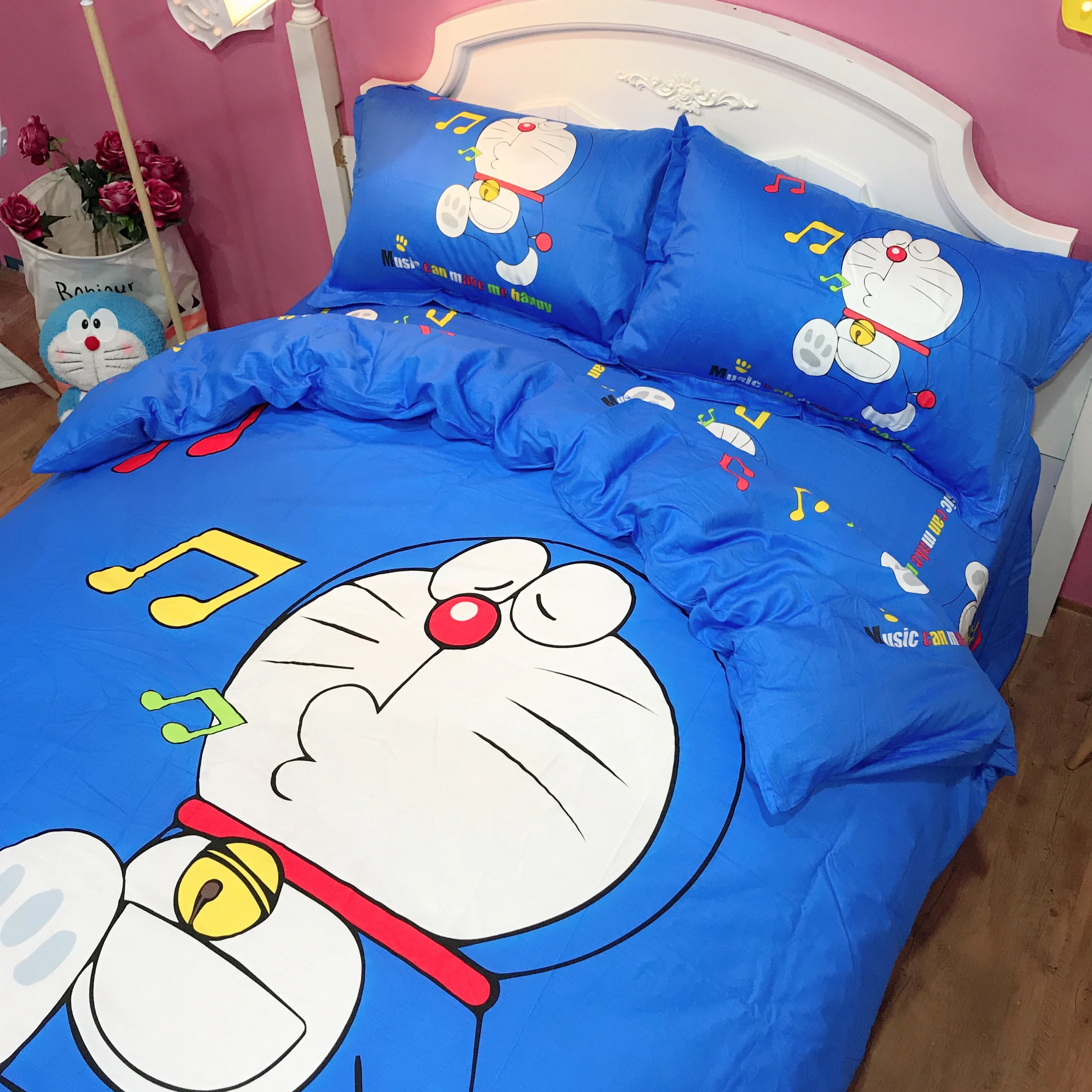 Постельное белье с аниме набор Doraemon Дети чистый хлопковое стеганное одеяло двойной королева король милый пододеяльник плоский лист музыка постельное белье