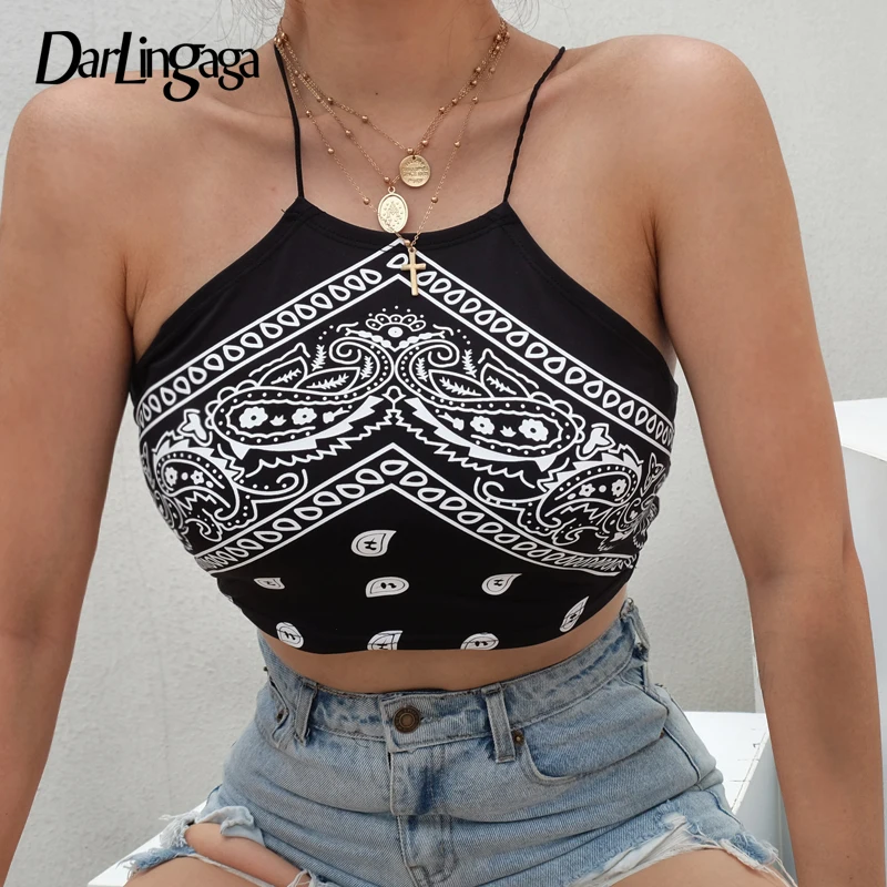 Darlingaga Boho, винтажный Топ без косточек с принтом, на бретельках, с открытой спиной, сексуальный летний топ, Модный укороченный топ, женская одежда