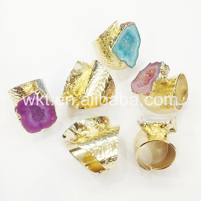 Женское кольцо с камнем натуральный жеод золотистое отделкой подарочное