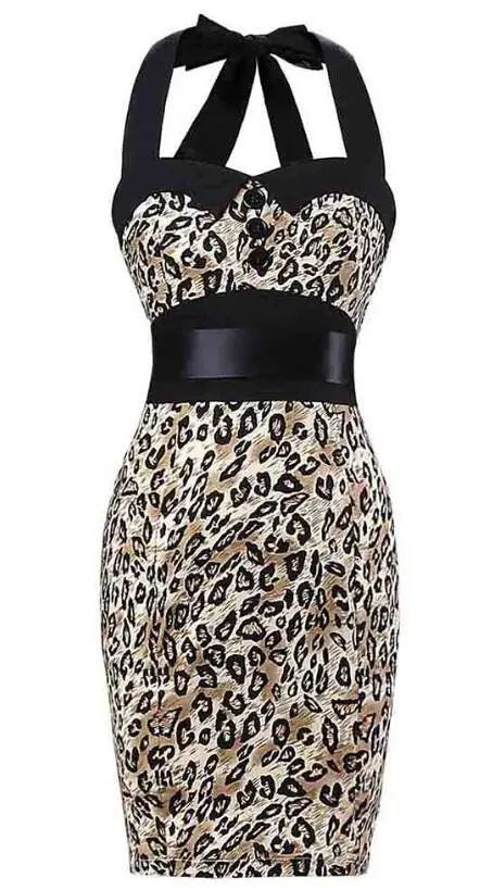 leopard print dress Сексуальное платье-футляр с леопардовым принтом, в горошек, винтажное, женское, летнее, с открытой спиной, 50 s, Pin Up, рокабилли, тонкое, облегающее платье-карандаш - Цвет: leopard print dress