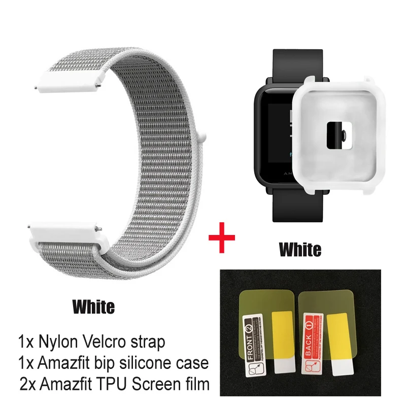white-white case 4в1 нейлоновый ремешок для Amazfit ремешок Bip Xiaomi Huami Amazfit Bip браслет ремешок для часов нейлоновая петля наручный ремешок чехол Защитная пленка - Цвет: white-white case