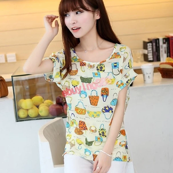 Sale New Women colorful Chiffon shirt batwing short sleeve prin Loose Blouses &amp shirts Tee Tops 2pcs/lot |
