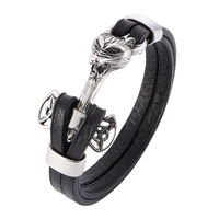 punk mens bracelets leo lion stainless steel anchor shackles black leather bracelet cuff wristband fashion jewelry bb780