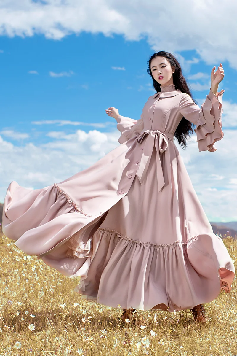 

2018 New Arrival Aporia.king Bohemian A-line Solid Wrist Ankle-length Butterfly Sleeve Empire Peter Pan Collar Autumn Dresses