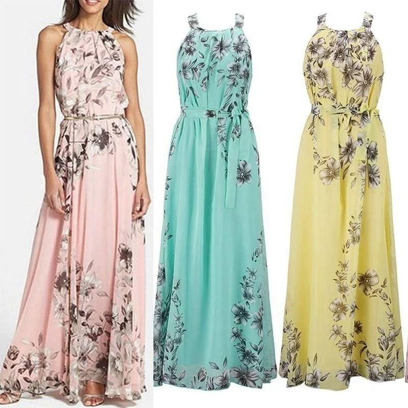 Женская мода Boho Длинное Макси платье без рукавов женские пляжные платья