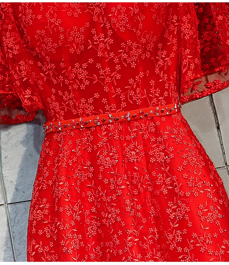Sexy V-Neck Evening Dress Elegant Robe De Soiree A-line Short Sleeve Red Lace Dresses Long 2019 Vestido Festa |