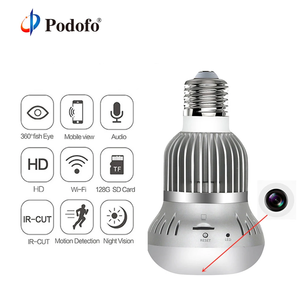 Podofo лампа Беспроводная VR IP камера Wifi свет 360 градусов панорамный 1080P рыбий глаз