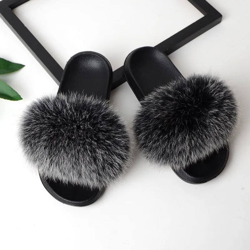 FURFEER Women Fur Slippers Real Fox Slides Home Furry Flat Sandals Female Cute Fluffy House Shoes Woman Brand Luxury | Обувь