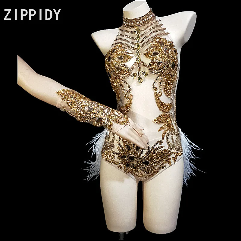 Flashing Gold Stones See Through Halter Feather Tail Bodysuit Nightclub Dance Show Mesh Outfit Birthday Celebrate Clothes