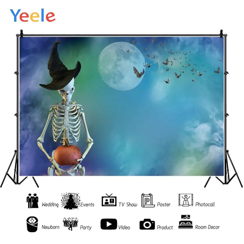 Yeele Halloween Moon Witch Hat Skeleton Bat Foggy Photography Backgrounds Customized Photographic Backdrops for Photo Studio | Электроника