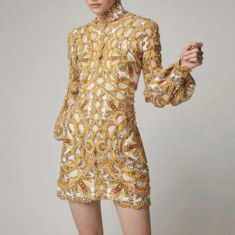 CHICEVER Summer Sexy Hollow Out Straight Dress For Women Stand Collar Lantern Sleeve Mini Print Dresses Female Fashion New