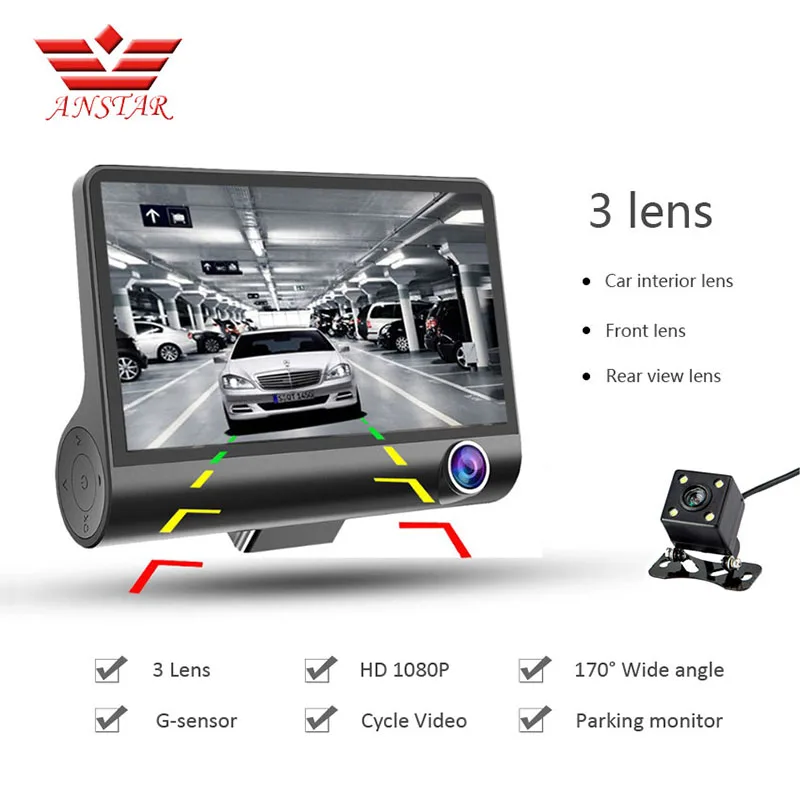 ANSTAR 3-CH Камера Видеорегистраторы для автомобилей 4 0 &quotFHD 1080P Dash Cam Двойной объектив