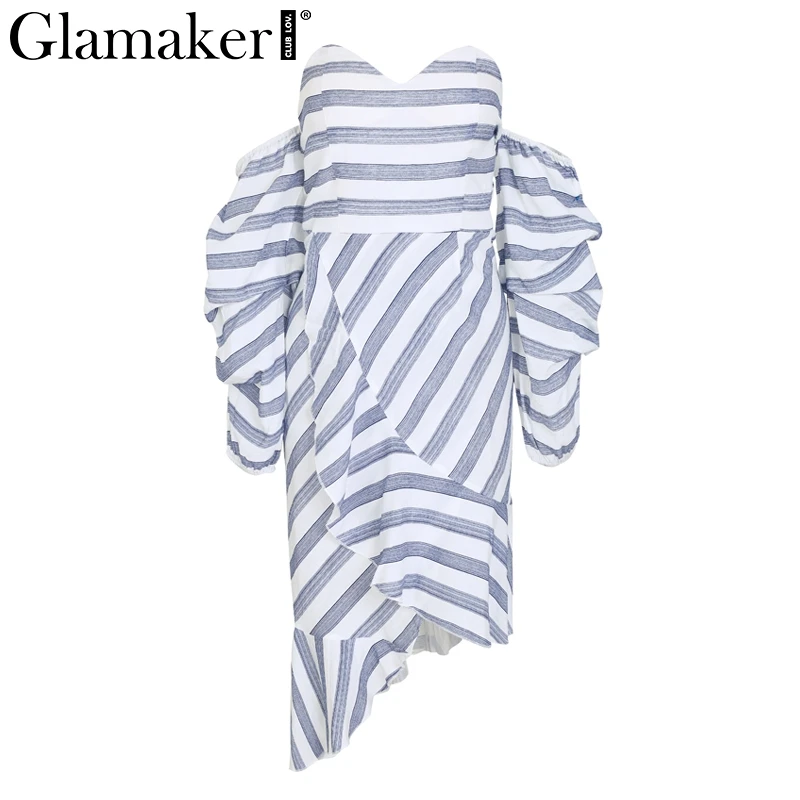 Женское платье в полоску с открытыми плечами Glamaker летнее русалки оборками