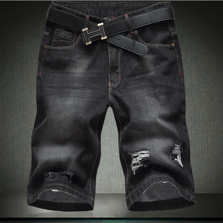 

Free shipping Summer thin loose plus size men's black denim shorts Knee Length Lightweight Straight Jean size 32-48 with hole