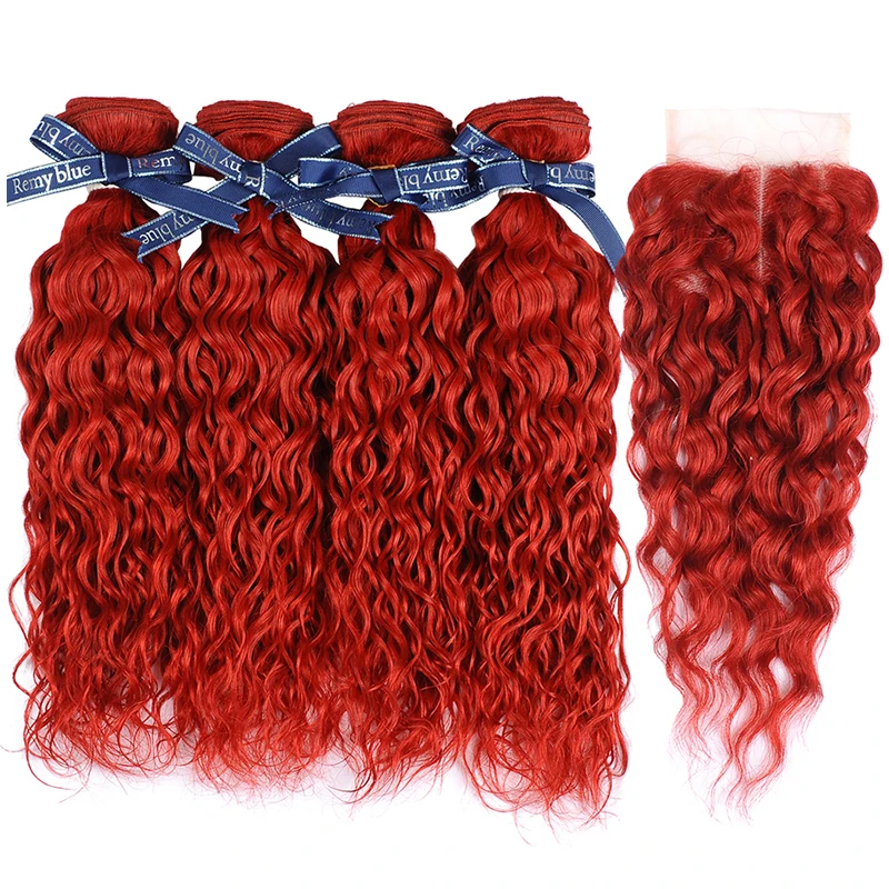 Remyblue Hair Red Water Wave Bundles With Closure 99J Burgundy Colored Remy Human Hair Weave Brazillian Hair Bundle With Closure