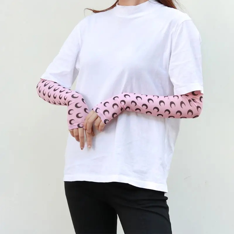 Korean Sweet Candy Color Crescent Moon Print Arm Sleeves Cover Women Girls Summer Outdoor Cycling Cooling Sun Protection Gloves